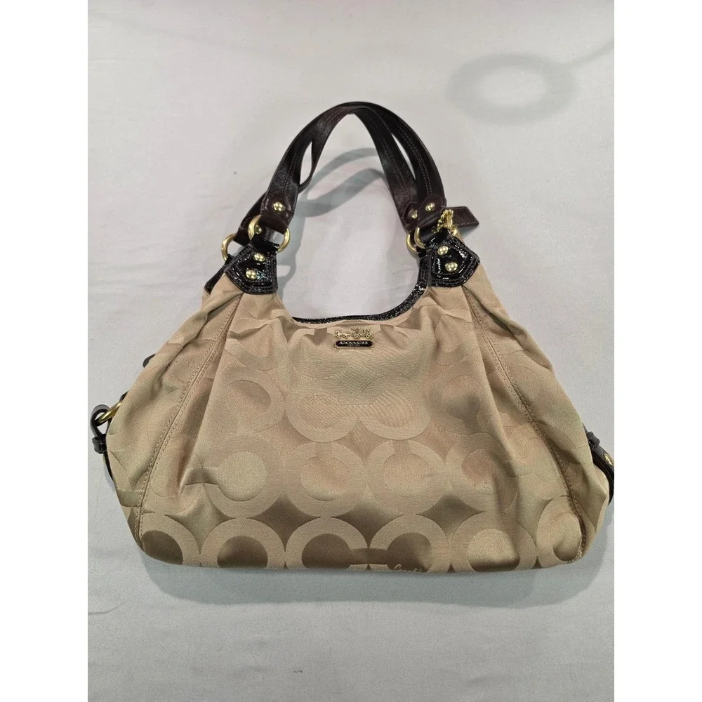 Coach Signature Jacquard Hobo Bag Khaki Brown Patent Leather 14305 Shoulder Bag